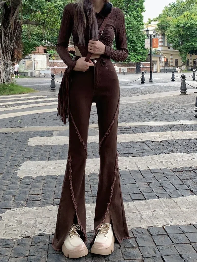 Retro Female Tassel Micro Flared Trousers Frayed Edging Ripped Hole Streetwear Denim Jeans Zipper High Waist Clothes Loose Pants