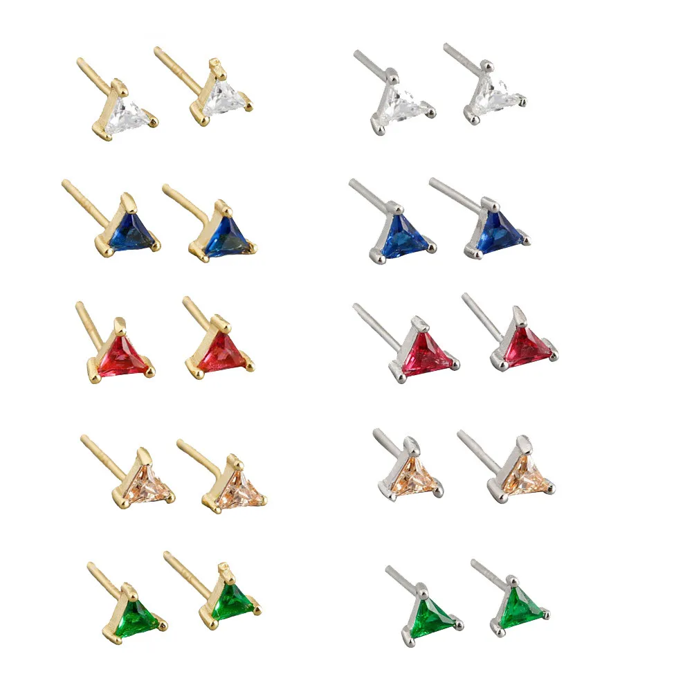 

925 Sterling Silver Triangle Colorful Zircon Stud Earrings for Women European and American INS Geometric Simple Earrings Jewelry