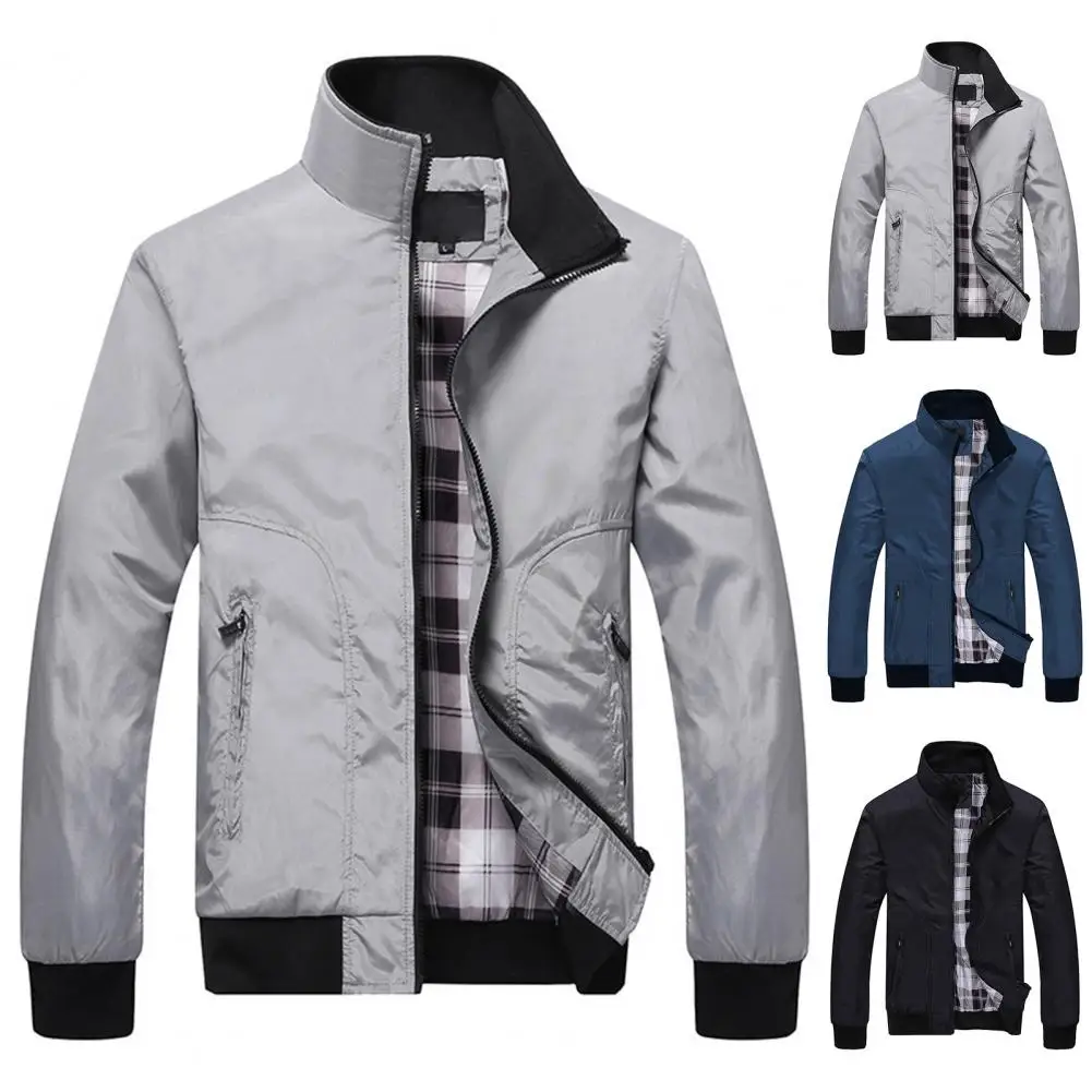 

Men Coat Long Sleeve Super Soft Fine Stitching Plaid Lining Pockets Coat Middle-aged Coat Streetwear
