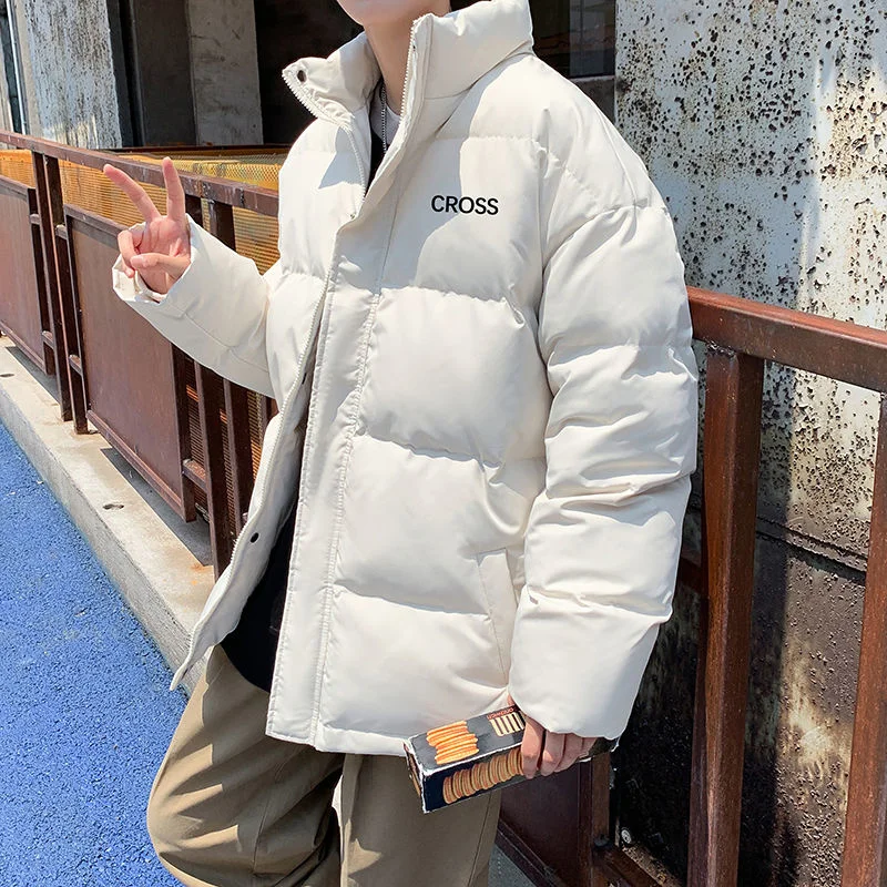 

Hybskr Letter Graphic Stand Collar Men Winter Warm Parkas Streetwear Causal Loose Zipper Coats Parkas Korean Male Padded Jacket