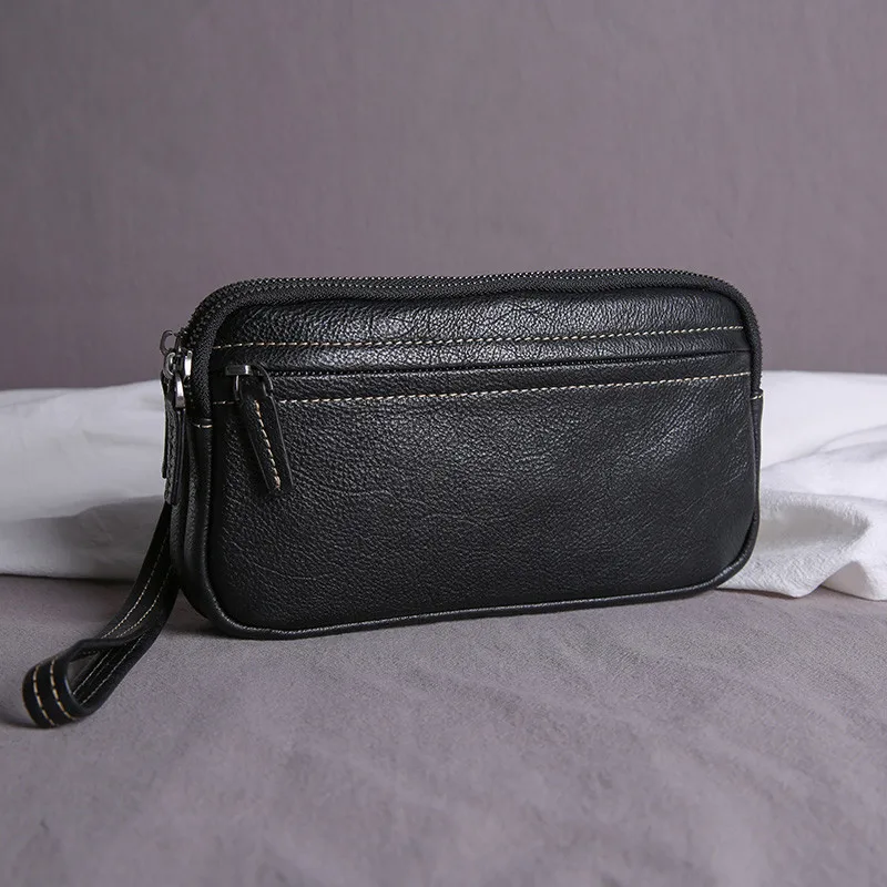 First layer cowhide teenager black clutch bag natural real leather large capacity clutch bag simple clip bag mobile phone bag