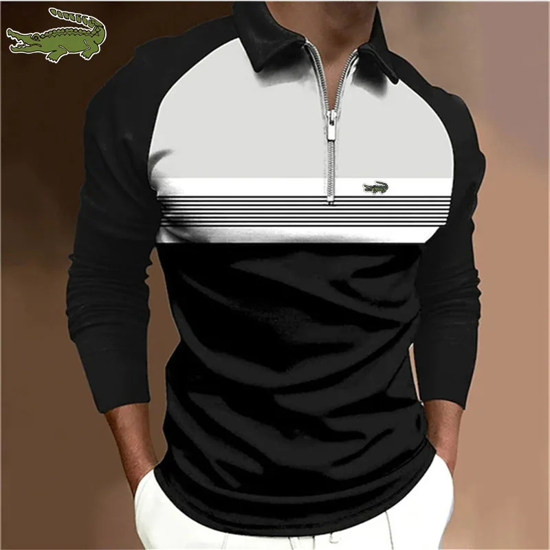 

Spring and autumn long-sleeved men's polo shirt striped embroidery micro-label polo shirt contrasting color polo new clothing fo