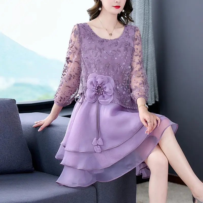 

Новинка весна-осень 2023 женское тяжелое промышленное Сетчатое платье с вышивкой летнее модное фиолетовое платье с большой цветочной вышивкой