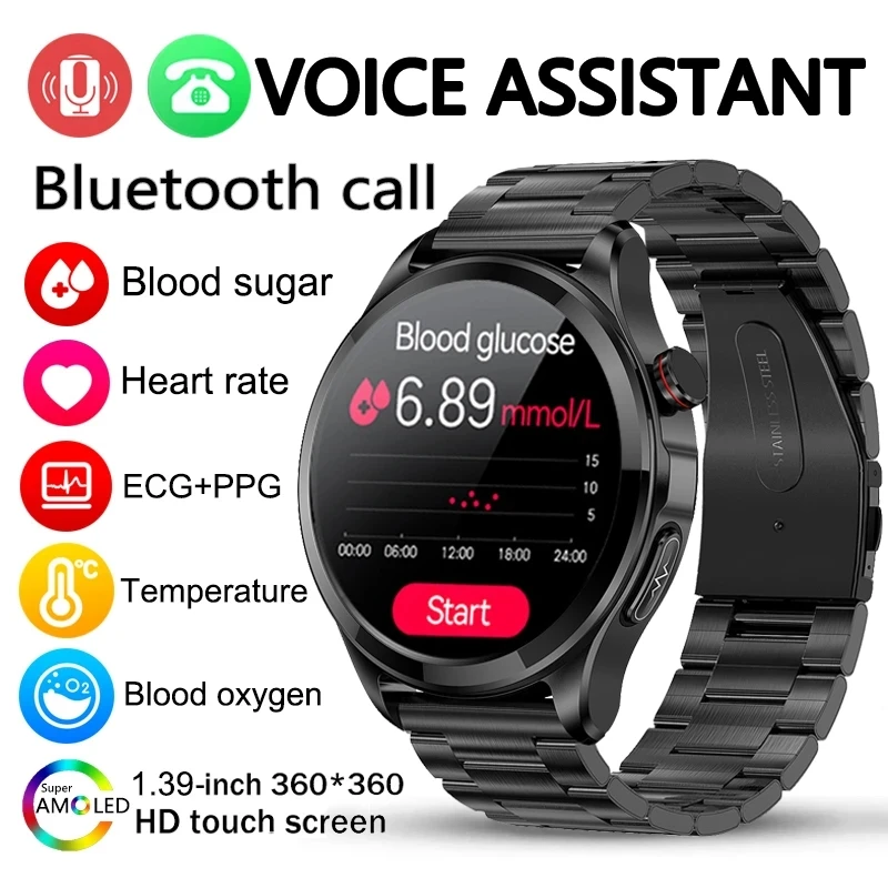 

AMOLED Healthy Body Temperature Smart Watch Men Bluetooth Call 360*360 HD Screen Sports Blood Pressure Heart Rate Blood Sugar Sm