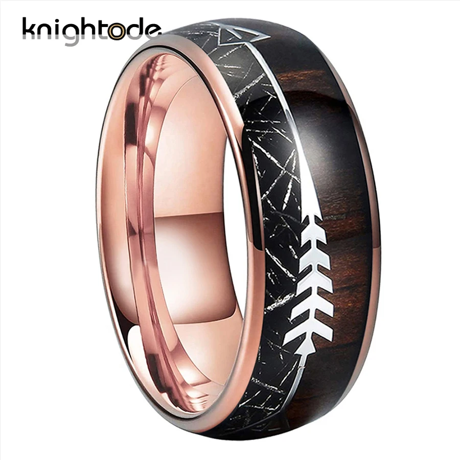 

Black Meteorite Koa Wood Arrow Unique Texture Inlay 8mm Tungsten Carbide Ring For Men Women Wedding Band Dome Polished