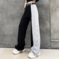 women elastic waist wide leg korean high street pants 2021 new fashion contrast cargo pants female oversized trousers popular