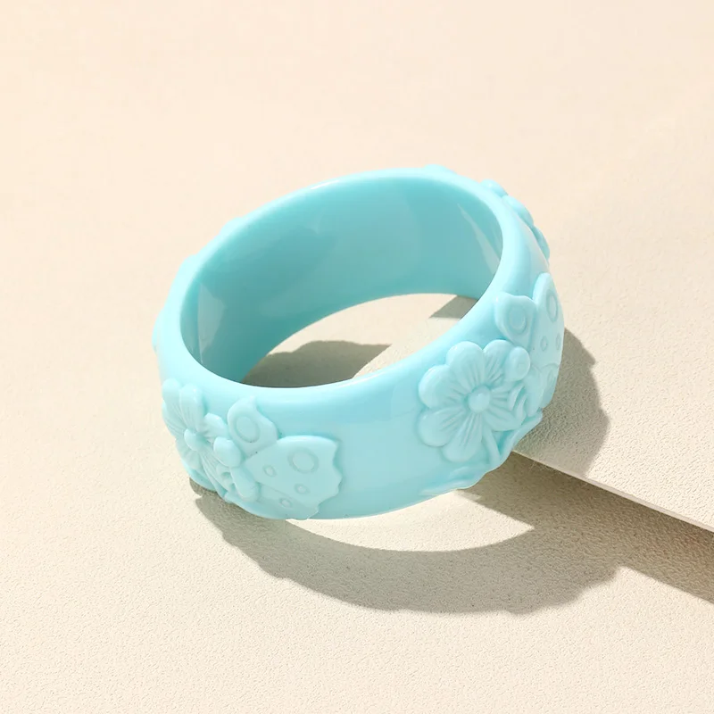 Korean Trendy Flower Pattern Bangle for Women Colorful Cute Acrylic Resin Bracelet Round Wide Charm Hand Accessory Retro Jewelry
