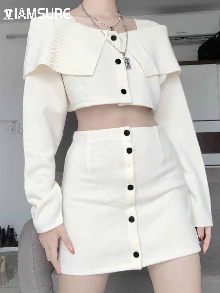 

IAMSURE Elegant Fashion Solid Dress Set Women Spring Korean Style 2 Piece Sets Ruffles Crop High Waisted T Shirt Mini Skirts