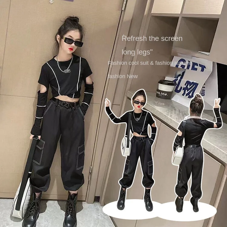 

Весенний костюм для девочек, новинка 2023, красная сетчатая одежда в западном стиле, костюм-двойка с рваным топом и комбинезоном, костюм-двойка