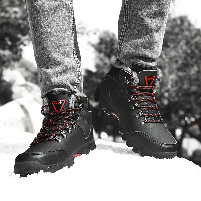 New Black Waterproof Snow Boots Men Winter Shoes Warm Fur Trekking Boots Man Outdoor Sneakers Non-slip Men Leather Hiking Boots