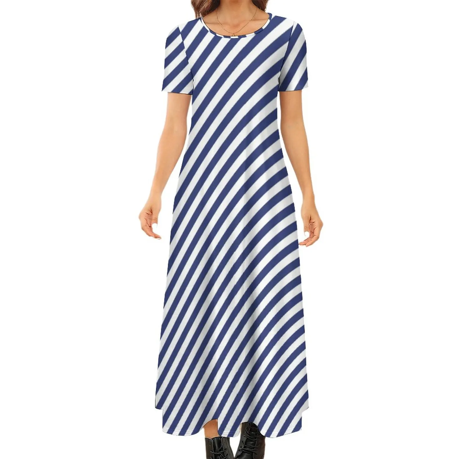 

Vintage Nautical Dress Blue Cross Stripes Cute Maxi Dress Aesthetic Bohemia Long Dresses Women Short Sleeve Oversized Vestidos