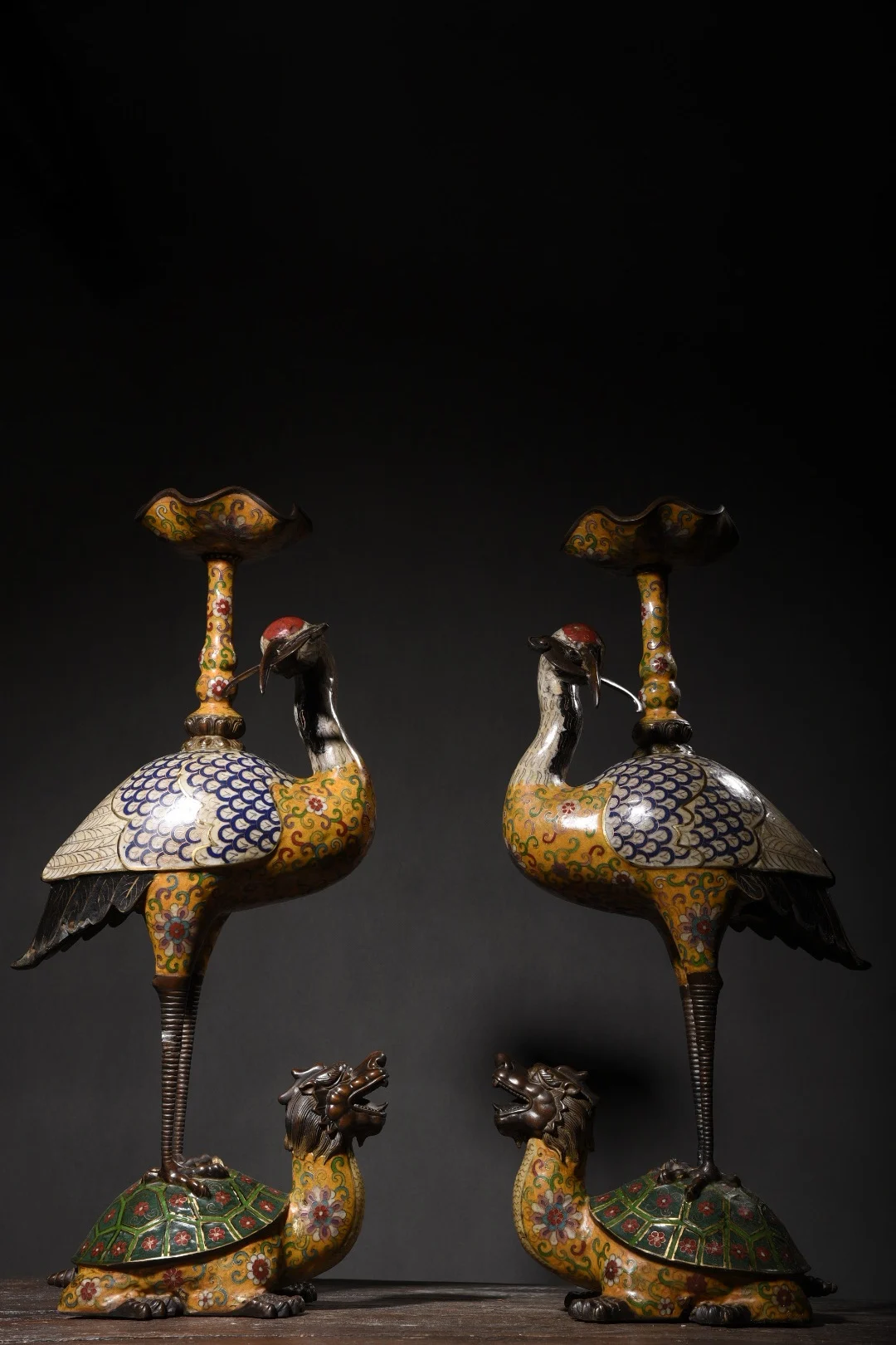 

25"Tibetan Temple Collection Old Purple Bronze Cloisonne red-crowned crane step on Tortoise Candlestick A pair Worship Hall