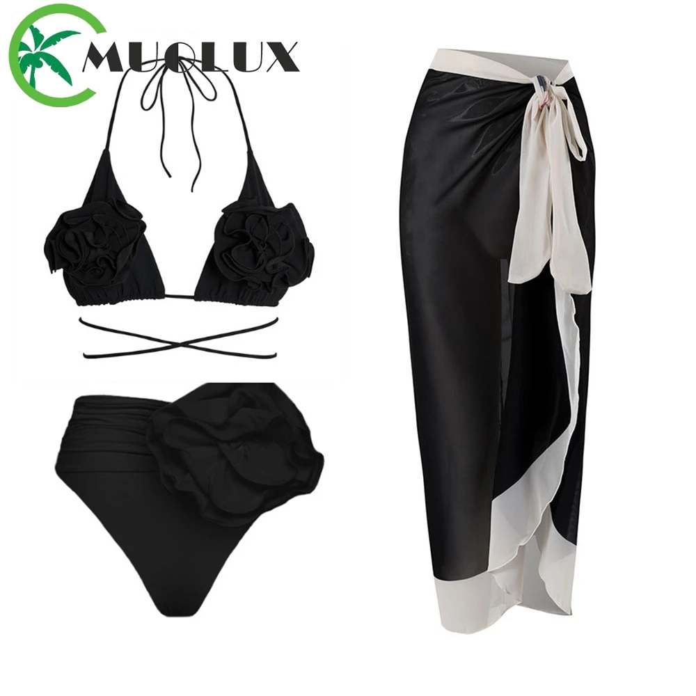 

MUOLUX 2023 New Sexy 3 Pieces 3D Flower Bikinis Set Women Solid Swimwear Bikini Swimsuit Biquini Beach Skirt Swimming Suit Dress