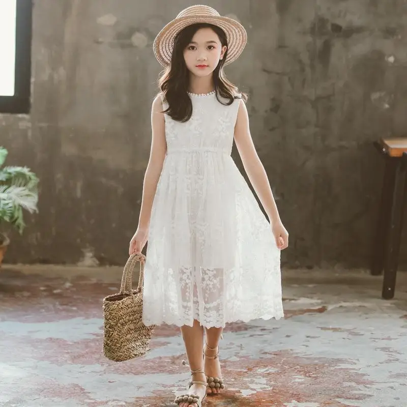 

2022 Girls Summer New Princess Vest Dress Childrens Lace Sleeveless Dresses Brief Embroidery White Layered Dress Kids Clothes