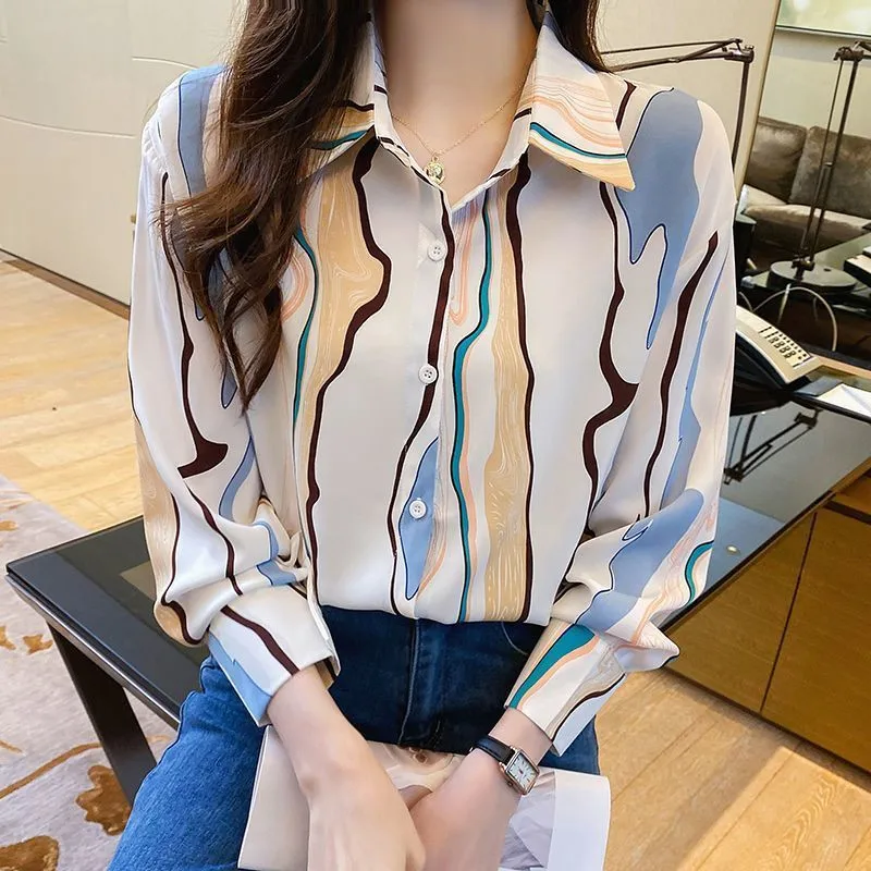 

2023 Fashion Printed Striped Shirts Women Autumn Clothes Temperament Long Sleeved Top Female Chiffon Blouse Ladies Office Lady