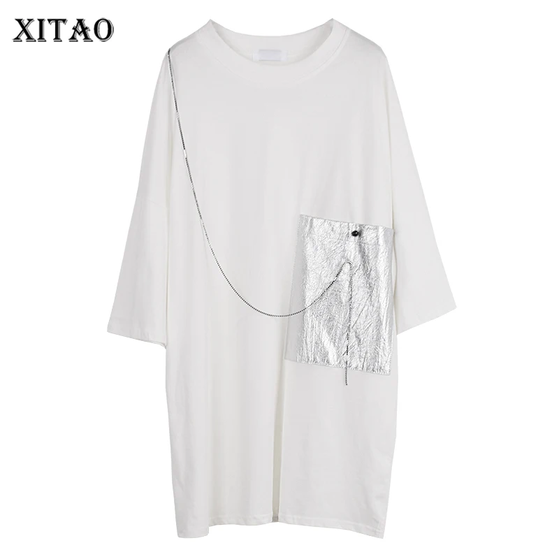 

XITAO, однотонная Повседневная футболка, простая, модная, свободная, большой размер, Женская цепочка, Сращивание, карман, украшение, новинка 2022,...