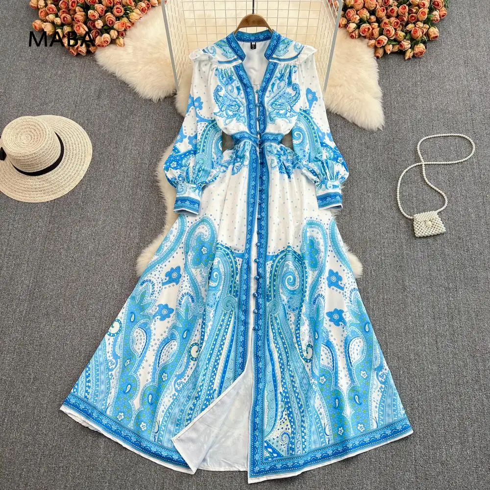 

Runway Dresses For Women 2022 Spring Floral Print Designer A-line Maxi Dress High Waist Elegant Party Long Luxury Palace Dress