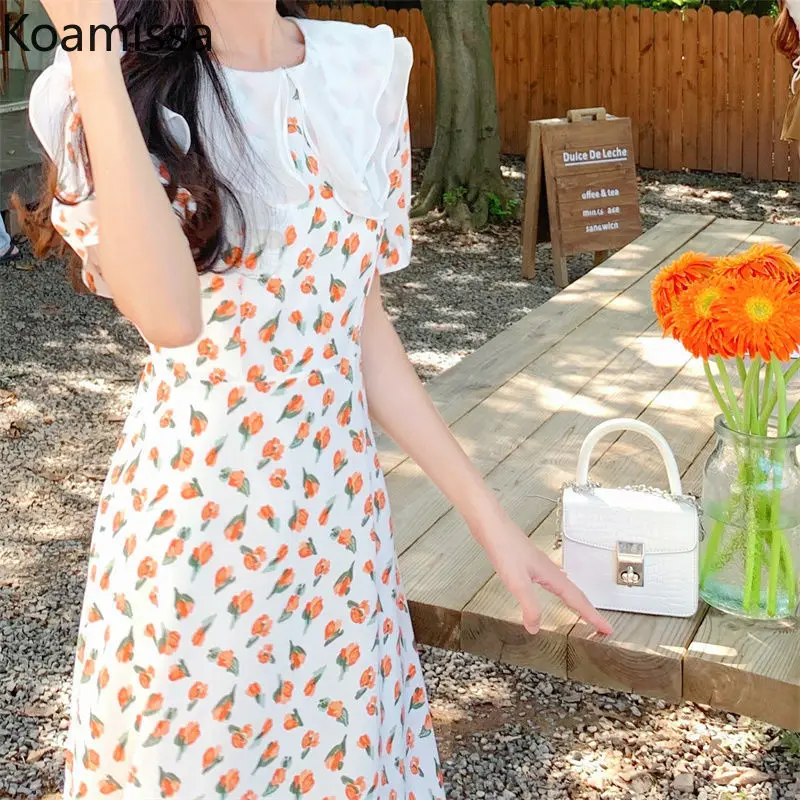 

Koamissa 2022 Summer Women's Gentle Floral Dress Waist Slim Sweet French Peter Pan Collar Loose A Line Bodycon Vestidos Dropship