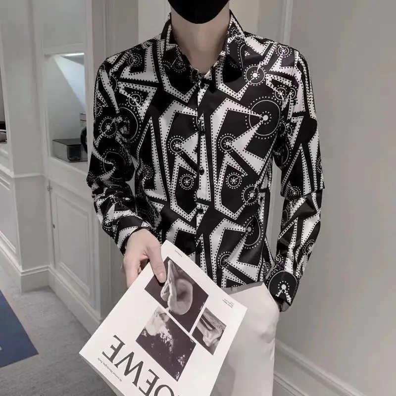 printed shirt Men's Long Sleeve Korean Style Popular Slim-Fitting Vintage Small Floral Men's Shirt Longsleeve Shirt for Men