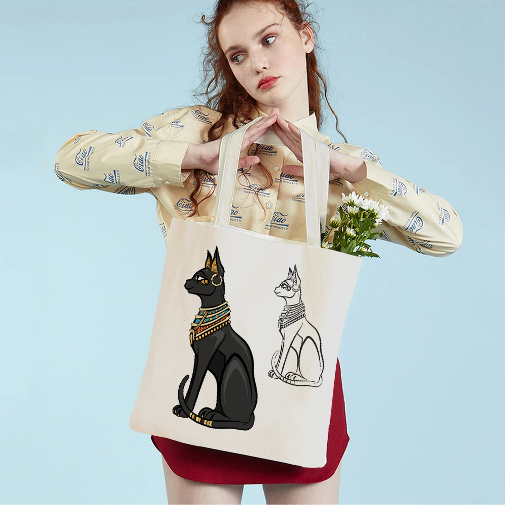 

Fashion Ancient Egypt Totem Pharaoh Both Sided Canvas Shopping Bag Reusable Cartoon Anubis Lady Student Tote Handbag for Women