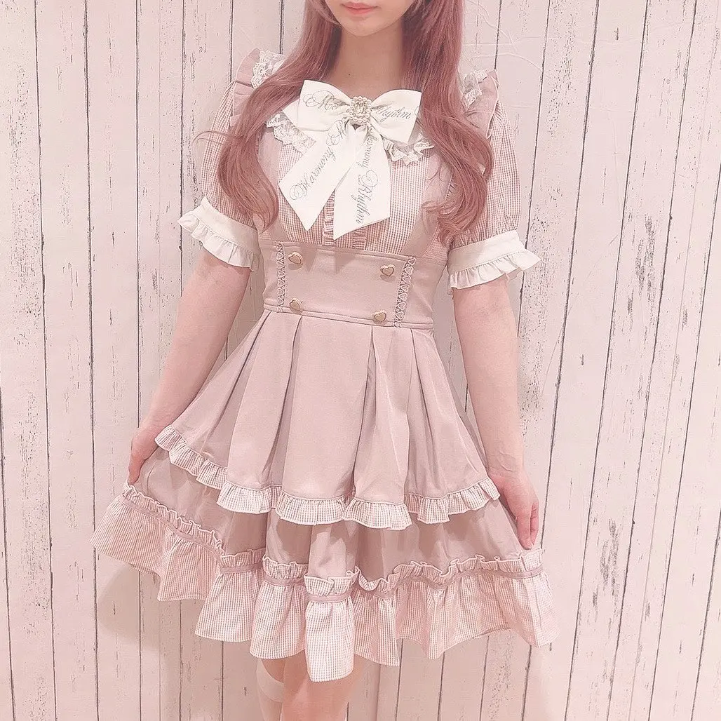 Japanese Style Summer Women's Lolita Dress New Retro Sweet Cute Bow Dress Female Maid Style Fake Two-Piece Dress