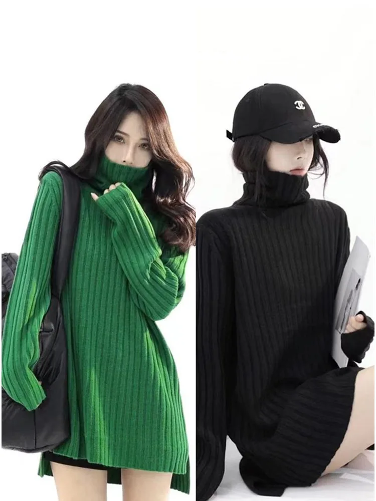 

Korean Version of High Neck Fashion Slim Striped Knitwear Women's Autumn and Winter Short After Long Slit In Long Casual Sweater