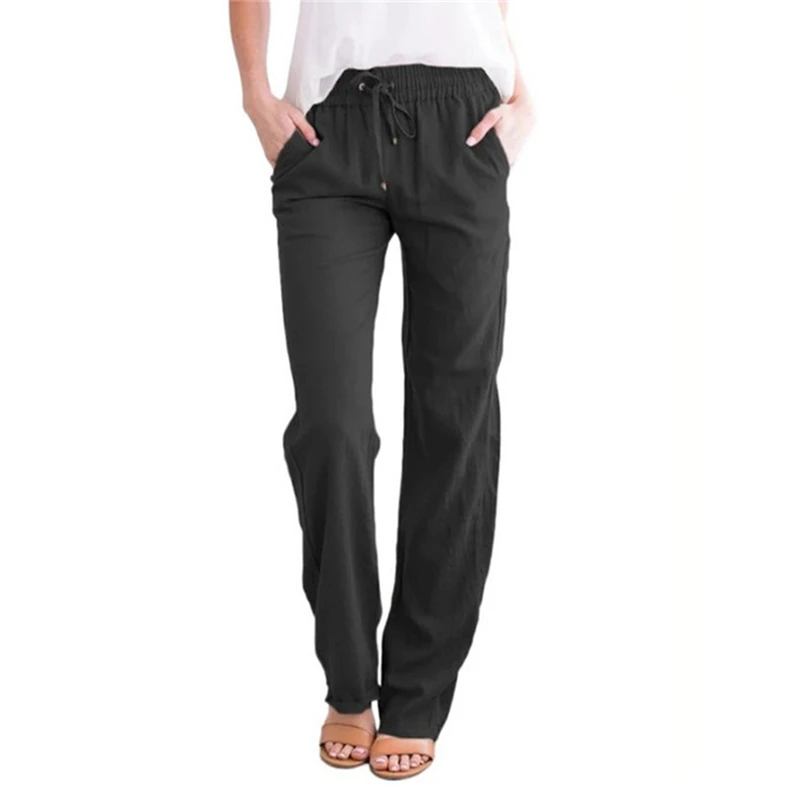 Women's Pants Cotton Linen Loose Drawstring Wide-Leg Trousers Female High Waist Solid Color Pocket For Ladies Long Pants