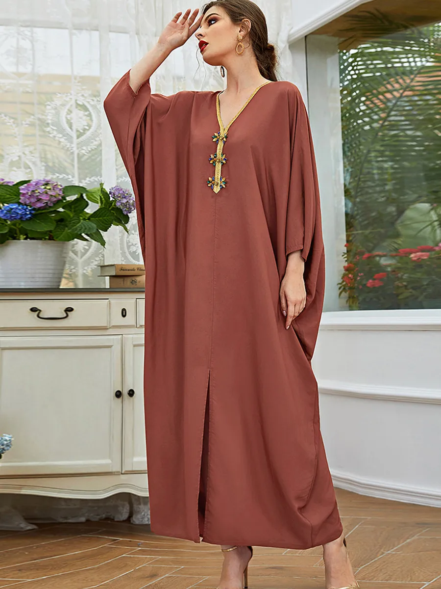 

Women Ramdan Robe Muslim Arabic Turkey Abaya Dress Femme Musulman Pattaya V-neck Handmade Beading Bat Sleeve Loose Long Dreeses