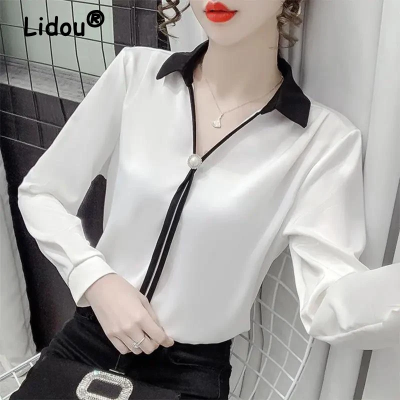 

Women Black White Contrast Color Elegant Blouses Korean Fashion Simple Business Casual Office Lady Shirts Slim Long Sleeve Tops