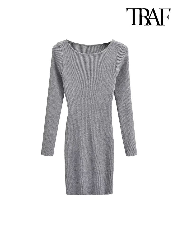 

TRAF Women Fashion Fitted Rib Knit Mini Dress Vintage O Neck Long Sleeve Female Dresses Vestidos Mujer