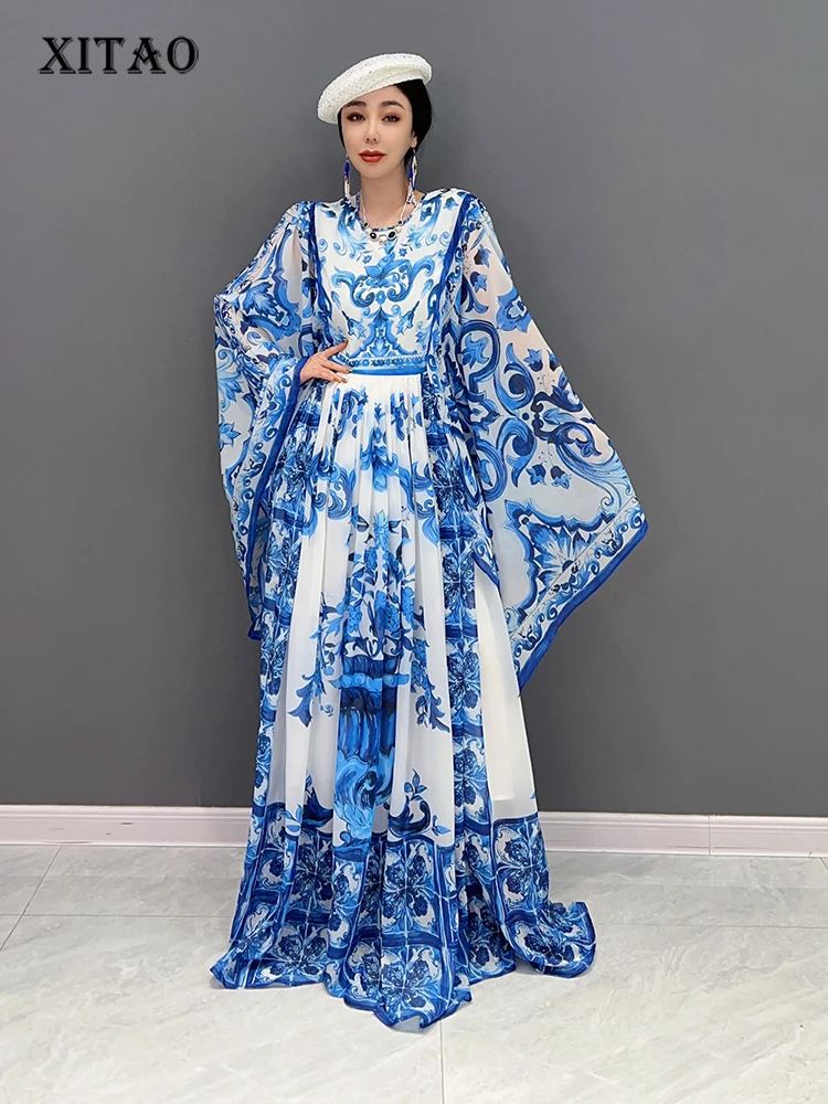 

XITAO, китайское платье, голубое, белое, фарфоровое, с принтом, женское, свободное, модное, темпераментное, контрастный цвет, подходит ко всему, ...