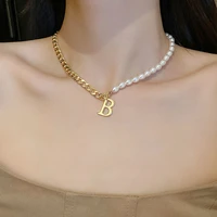 simple personality asymmetry pearl necklace for women 14k real gold charm letter b clavicle chain wedding engagement jewelry