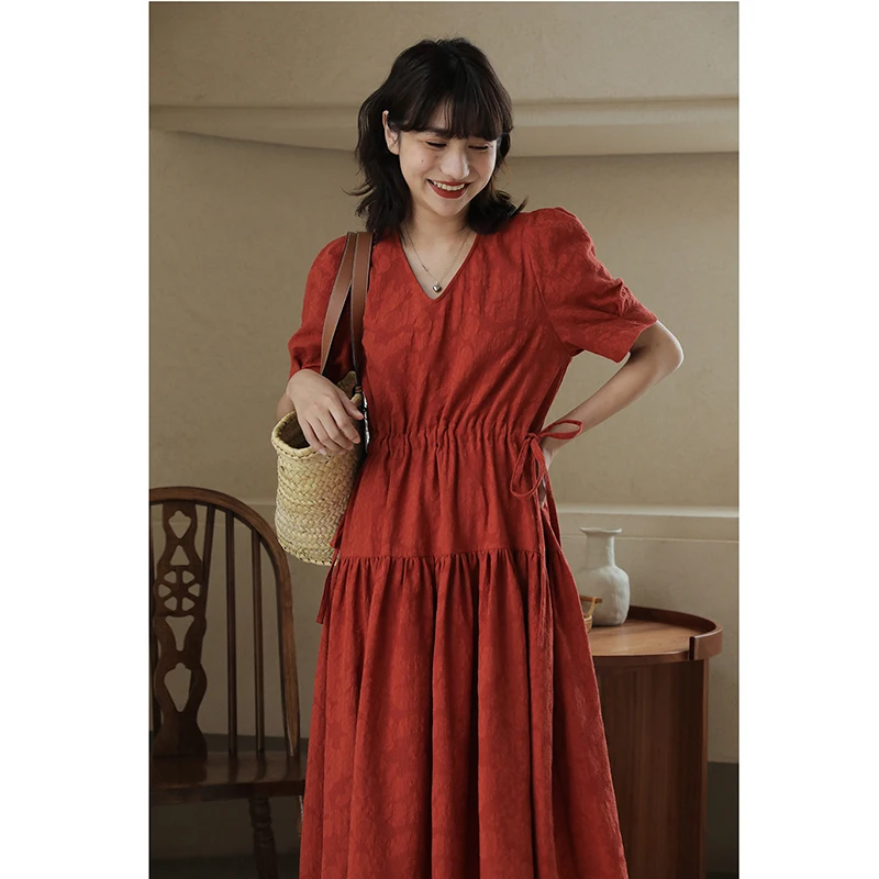 

Casual Solid Dress Women V Neck Puff Sleeve Loose Dresses Women 2022 Summer Korean Fashion Black Orange Elegant Dress Female