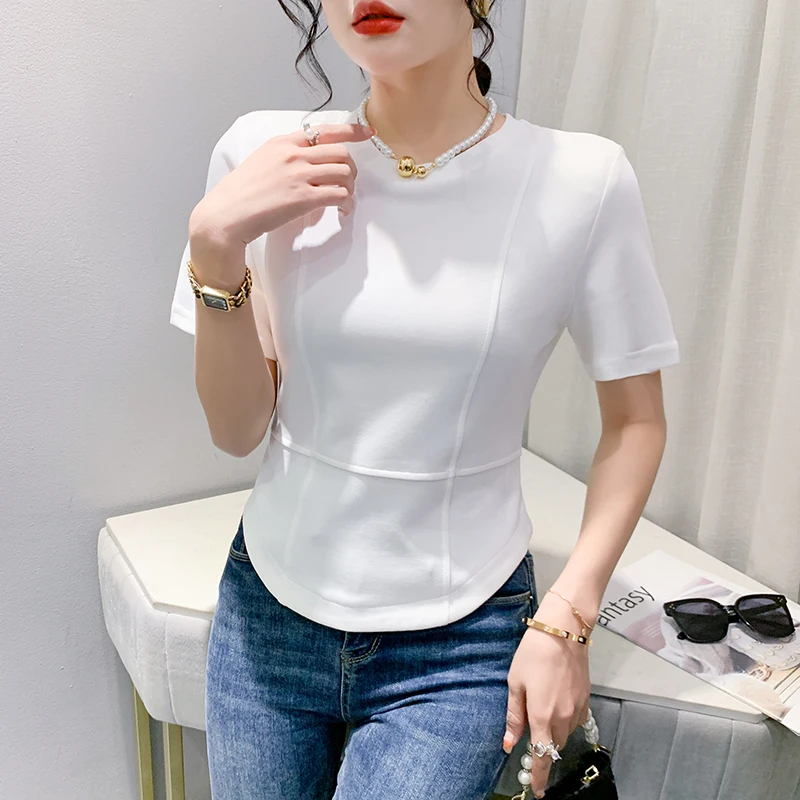 

Женская футболка с круглым вырезом, однотонная Асимметричная футболка с коротким рукавом, модель 2023 в европейском стиле на лето, 35235