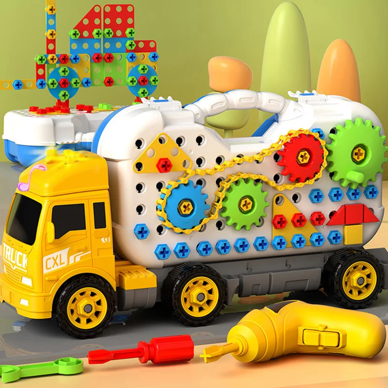 

Kids Toolbox Puzzle Assembled Toys Car Truck Electric Drill Screw Nut Building Blocks Storage Table Games Boys Gifts For Age 4+