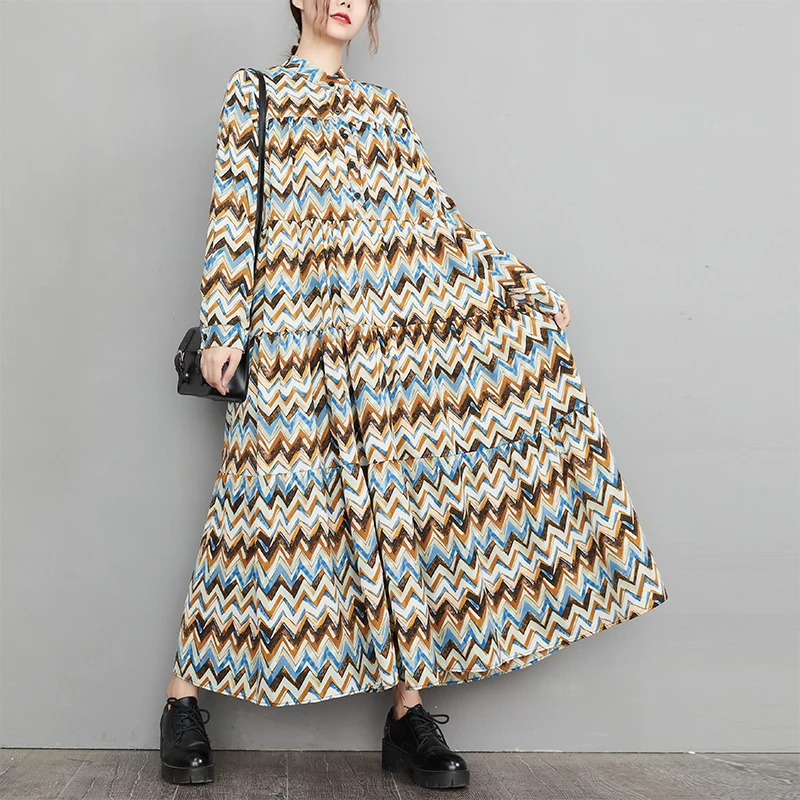 Korea Style Stand Collar Long Sleeve Print Striped Patchwork Chic Girl's Fashion Spring Blouse Dress Women Casual Midi Dress