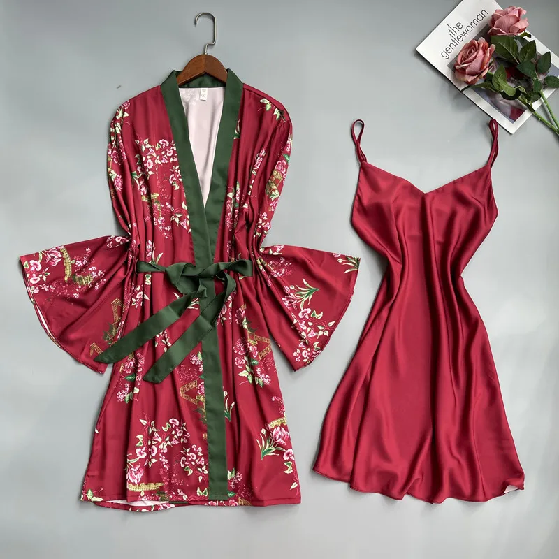 

Women Satin Sleepwear Two Pieces Set Print Flower Kimono Bath Robe Spaghetti Strap Nightgown New Spring Home Wear Nightdress