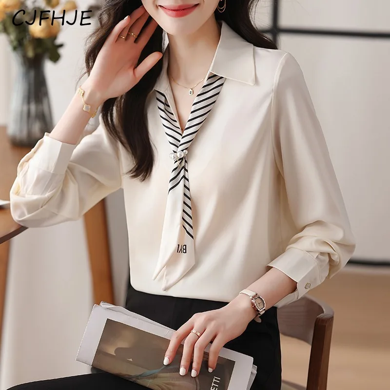 CJFHJE Французская женская рубашка-поло с воротником и длинными рукавами весеннее