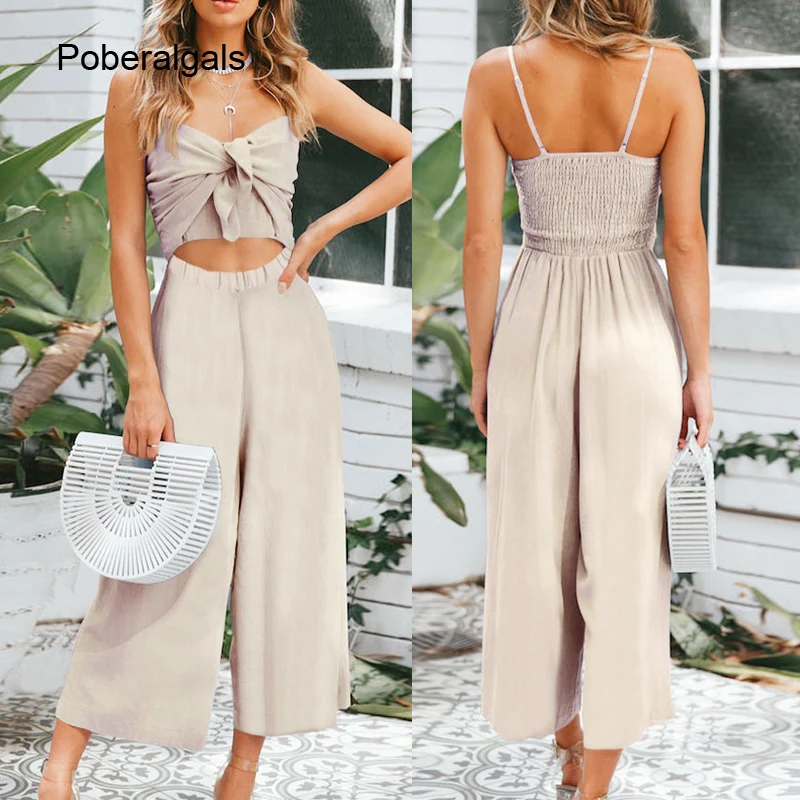 Женский пляжный комбинезон на бретельках повседневный однотонный с бантом и