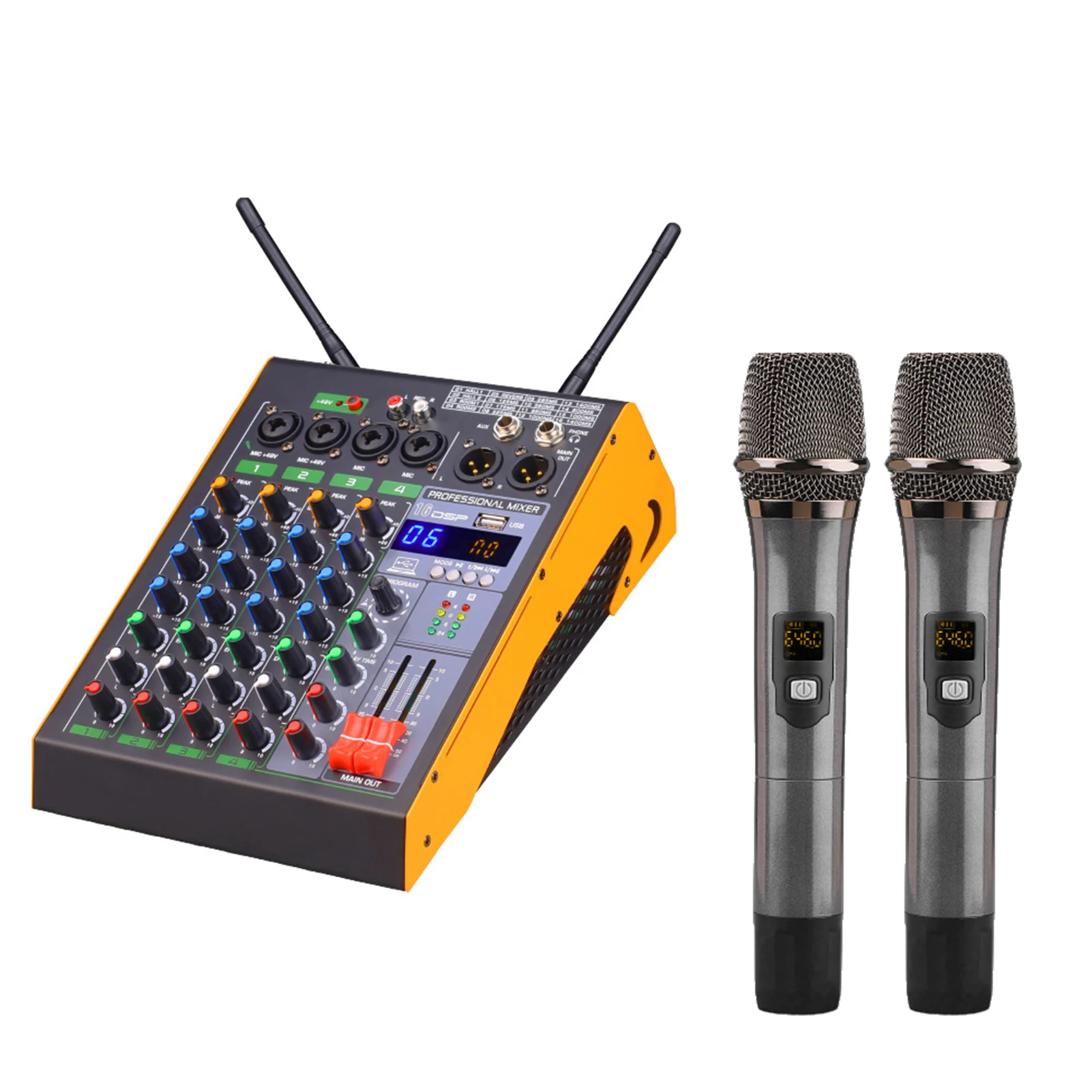 

4-Channel BT Audio Mixer with 2 Wireless Microphones with USB Connection 3-Band EQ Reverb Adjustment DSP Recording Function