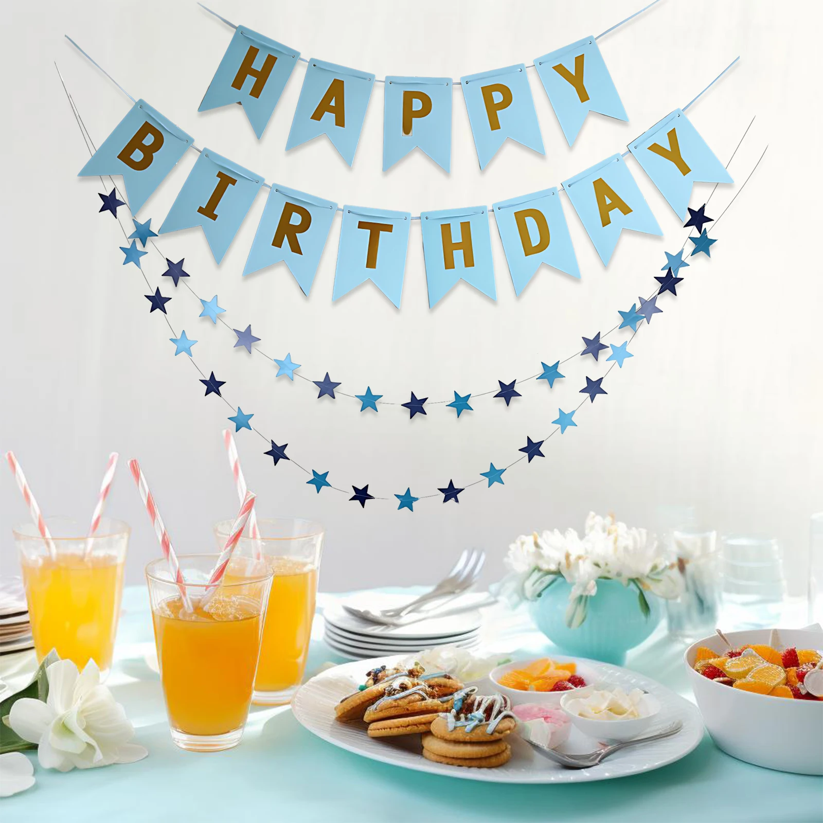 

3pcs/set Blue Star Party Flags Happy Birthday Wall Hanging Decoration For Children Man Woman Wedding Decor Supplies