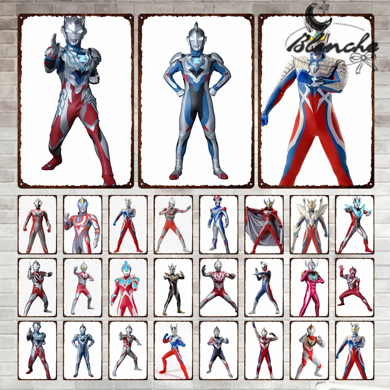 

Bandai Ultraman White Background Metal Sign Tin Iron Plate Different Poses Rust Wall Art Poster For Living Room Home Decoration