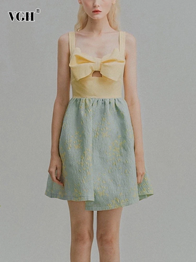 

VGH Sweet Colorblock Dress For Women Square Collar Sleeveess Patchwork Bowknot High Waist Mini Dresses Female Korean Fashion New