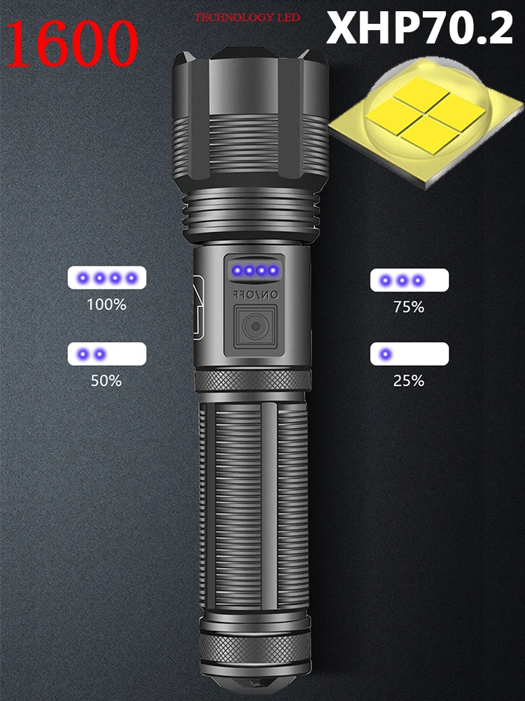 Светодиодный фонарик с зарядкой от USB 9 ядер XHP100/XHP70 аккумулятором 18650 или 26650