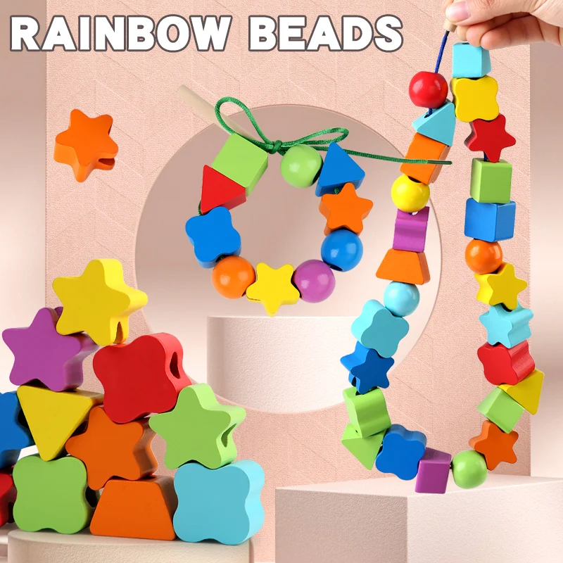 42pcs Rainbow Blocks Bead Game Children's Early Enlightenment Training Montessori Fine Motor Skills Tools Baby Wooden Beaded Toy