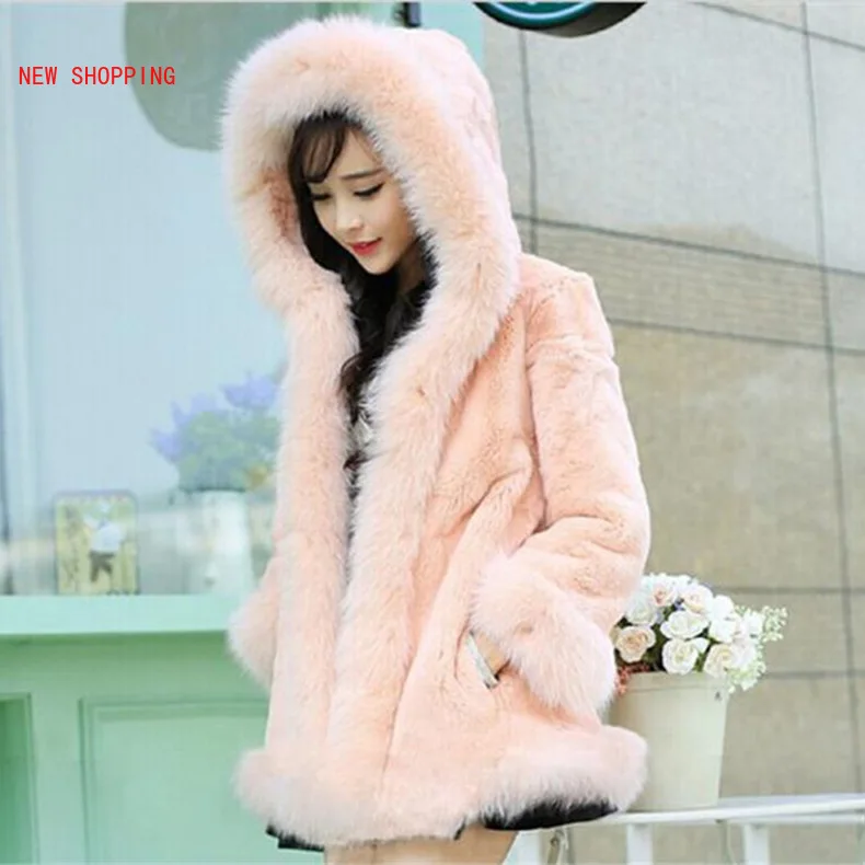 Elegant Long Casual Fur Coat New Fashion Women's Autumn Winter Hooded Women Luxurious Middle Long Rabbit Hair Collar Warm Coats
