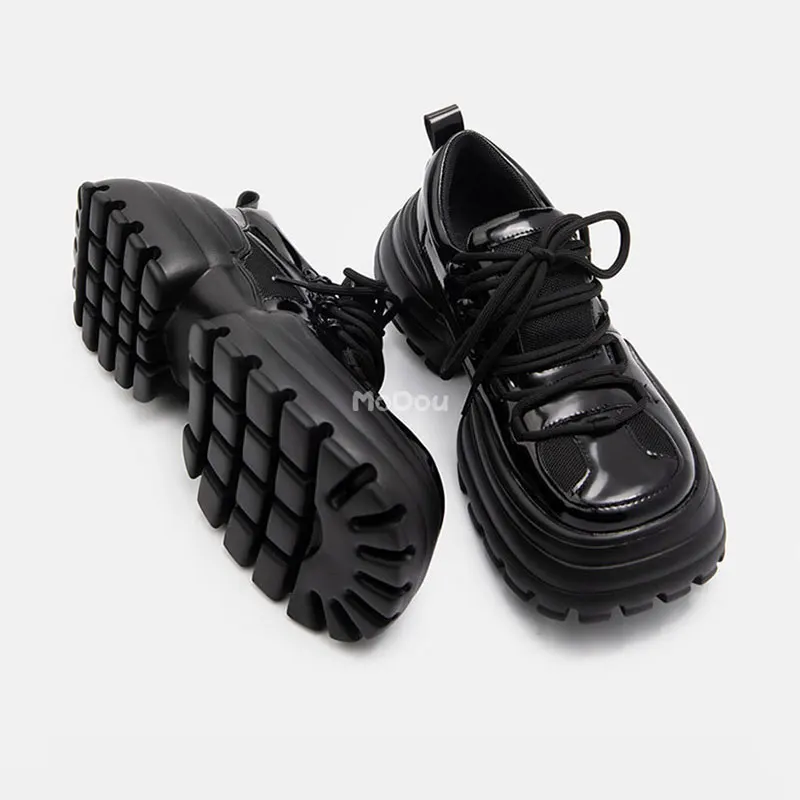 

Mo Dou 2022 Spring New Black White Short Boots Women's Casual Leather Shoes Super Cool Thick Sole Platform Chunky Sneakers DS
