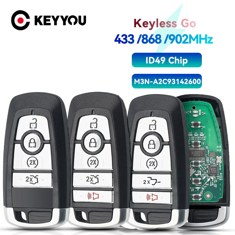 

KEYYOU Keyless Go Car Remote Control Key ID49 For Ford Edge Fusion Expedition Explorer Mustang M3N-A2C93142600 434 868 902 MHz