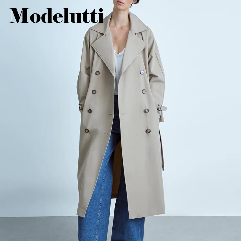 

Modelutti 2022 New Spring Autumn Double-breasted Trench Coat Belt Women Fashion Loose Solid Simple Casual Windbreaker Female