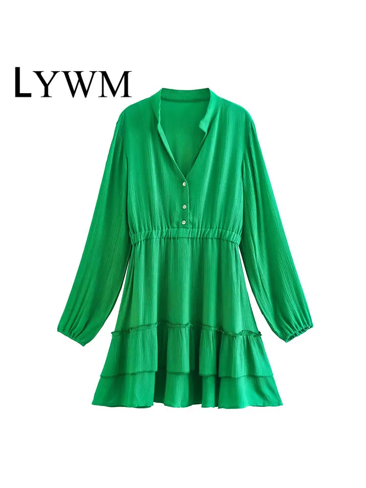 

Женское модное однотонное мини-платье LYWM, винтажные женские шикарные платья с V-образным вырезом и длинными рукавами